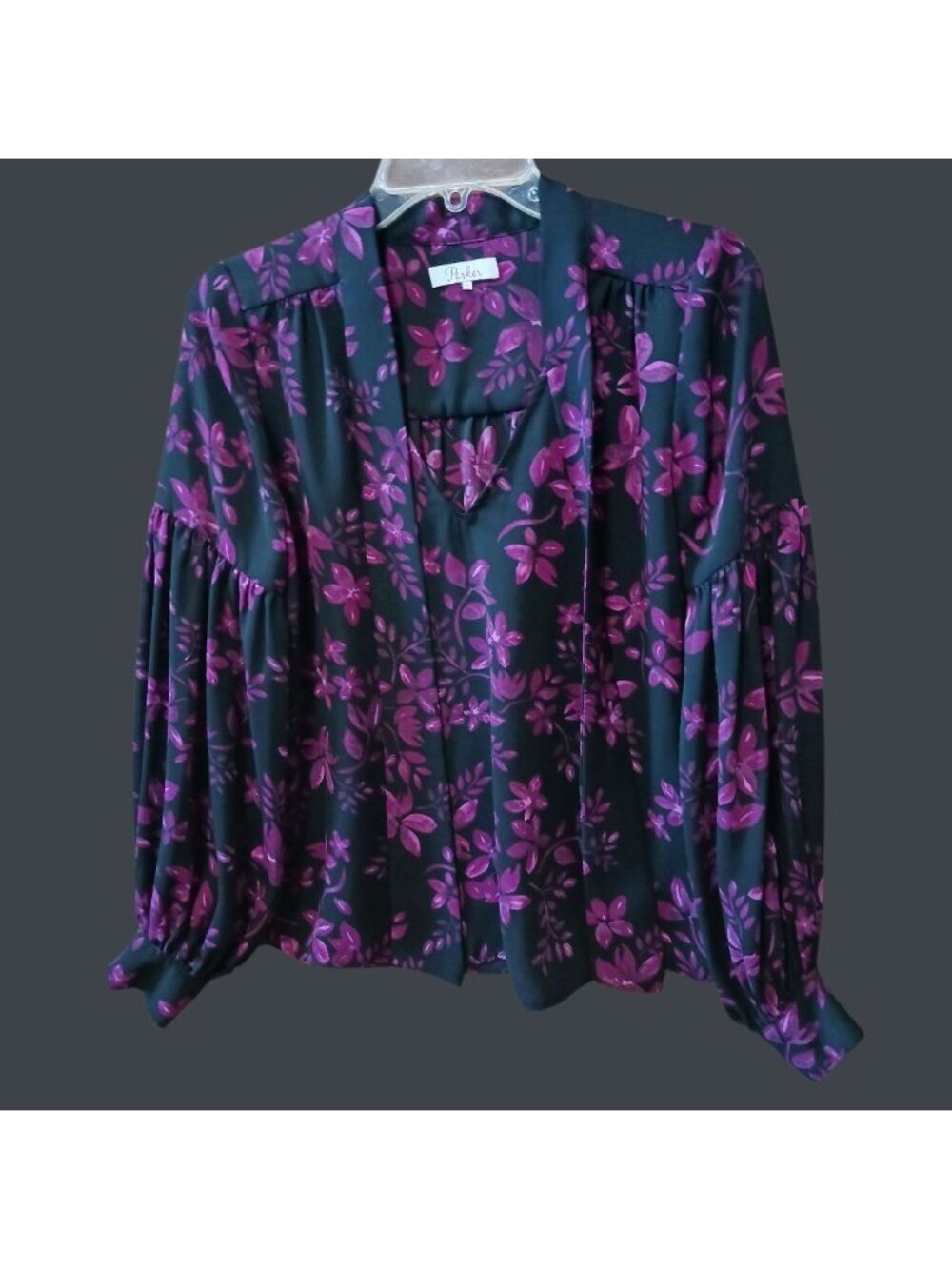 Parker Womens Floral Print Long-Sleeve Blouse Tie Front Hot Pink/black Xsmall - Picture 3 of 14